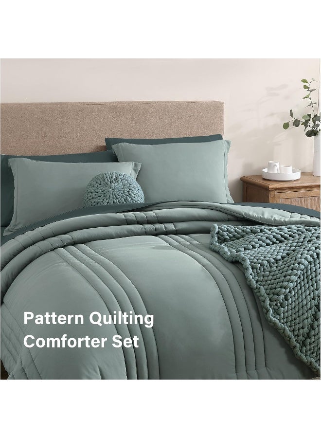 Monbix Queen Comforter Set - 7 Pieces Sage Green Bed in a Bag Queen Bedding Sets with Comforters, All Seasons Comforter Bed Set with Sheets,Pillowcases & Shams - Image 4